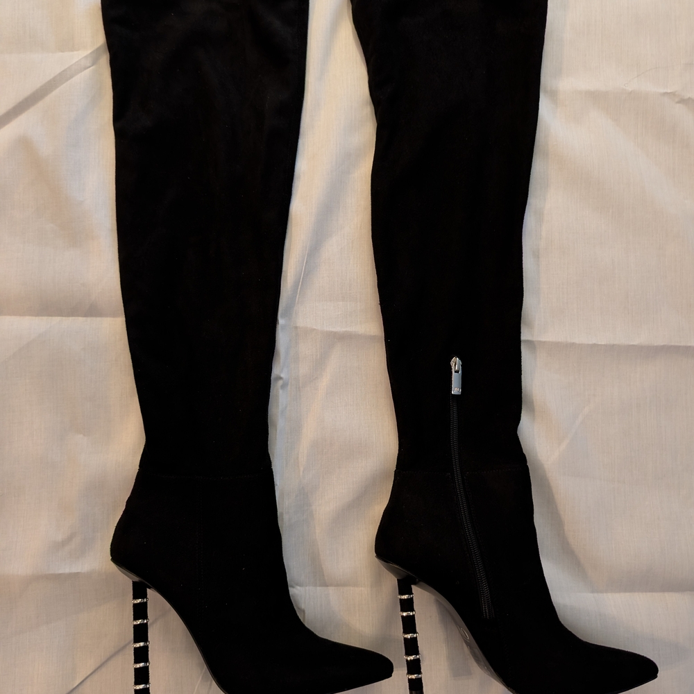 Jennifer Lopez Black Over-the-Knee Boots with Striped Heels